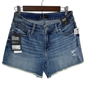 Silver Jeans Co. Suki Mid-Rise Distressed Denim Indigo Short Raw Hem Size 24 New